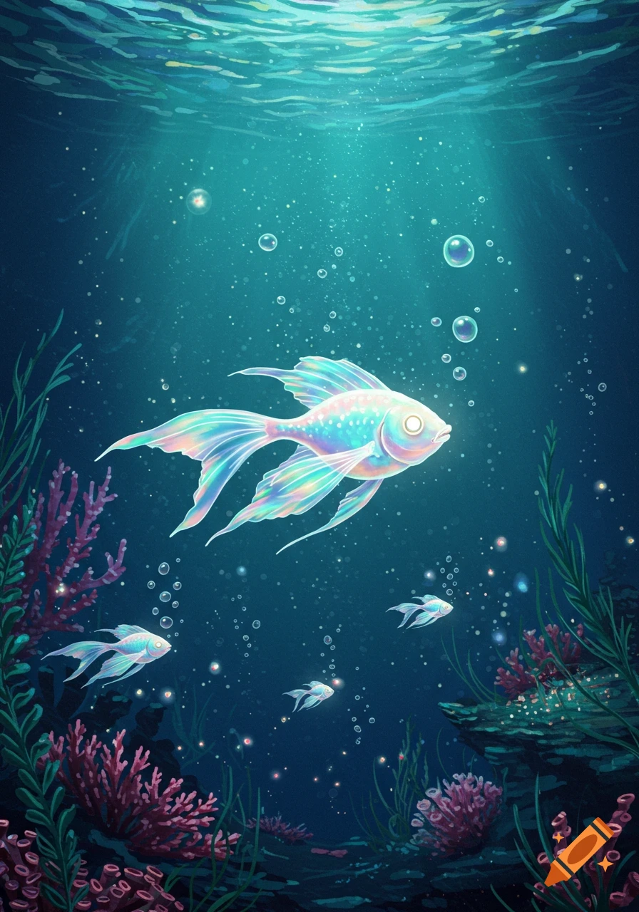 A vibrant, iridescent fish glows under dappled sunlight in a fantastical underwater scene with coral and smaller fish.