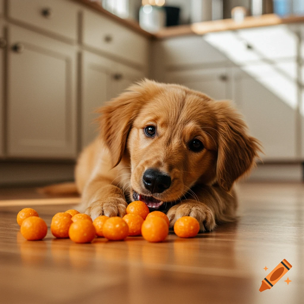 A golden retriever puppy lies on a wooden floor, eating small orange snacks in a kitchen.