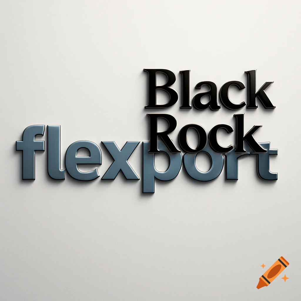 3D rendered Flexport and Black Rock logos, black and gray, overlapping on a white background.