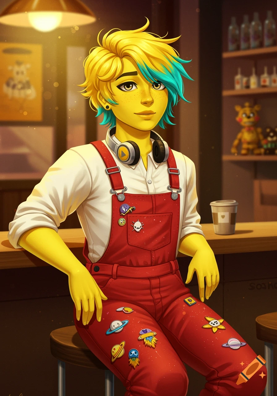 An anime-style character with yellow skin and yellow-turquoise hair in red overalls with space pins sits at a bar.