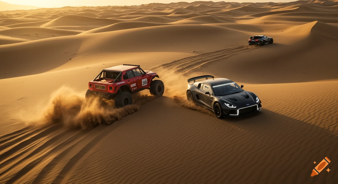 Two sports cars, a red off-road and a black modern one, race through sand dunes in a desert at sunset.