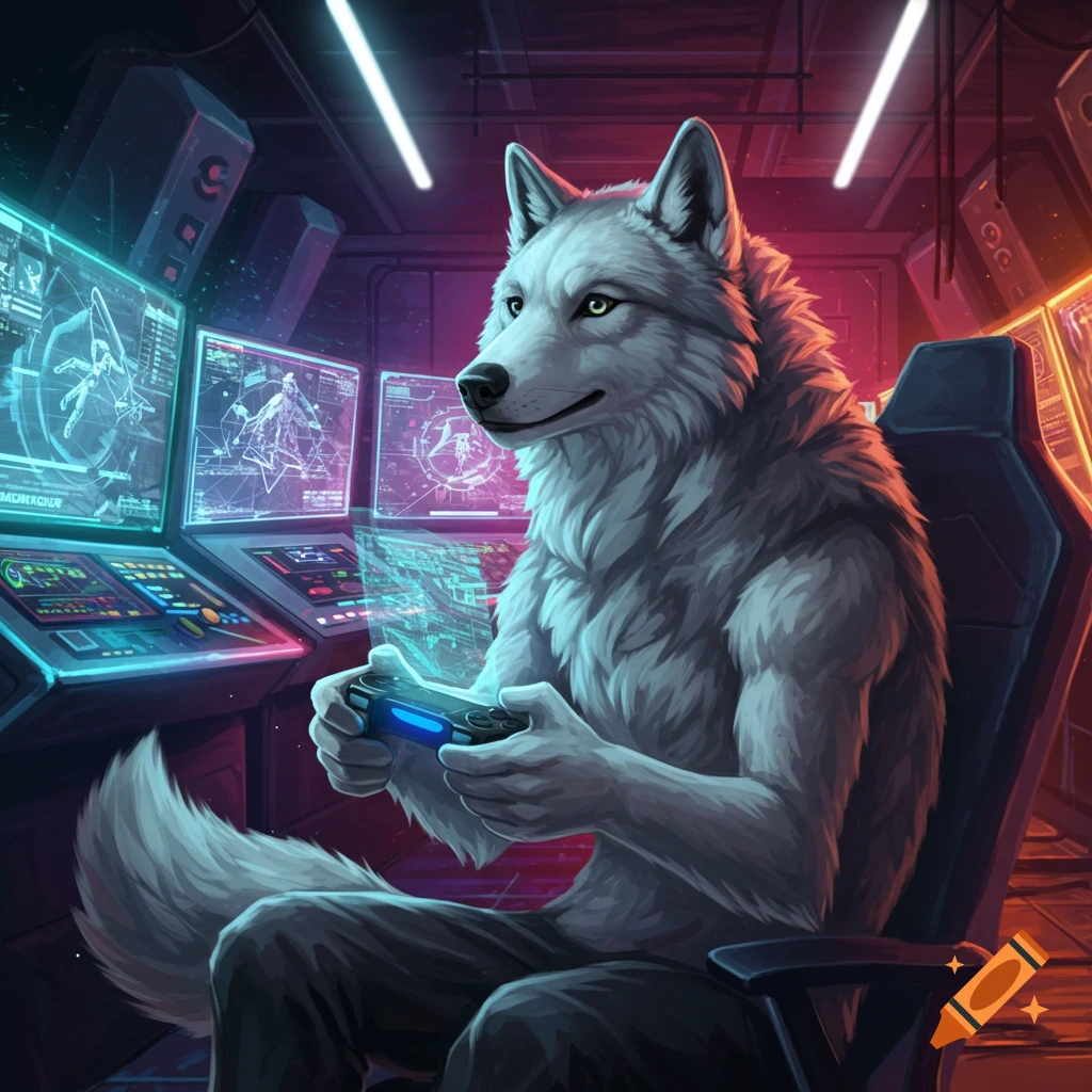 An anthropomorphic wolf playing a video game in a futuristic control room with multiple screens.