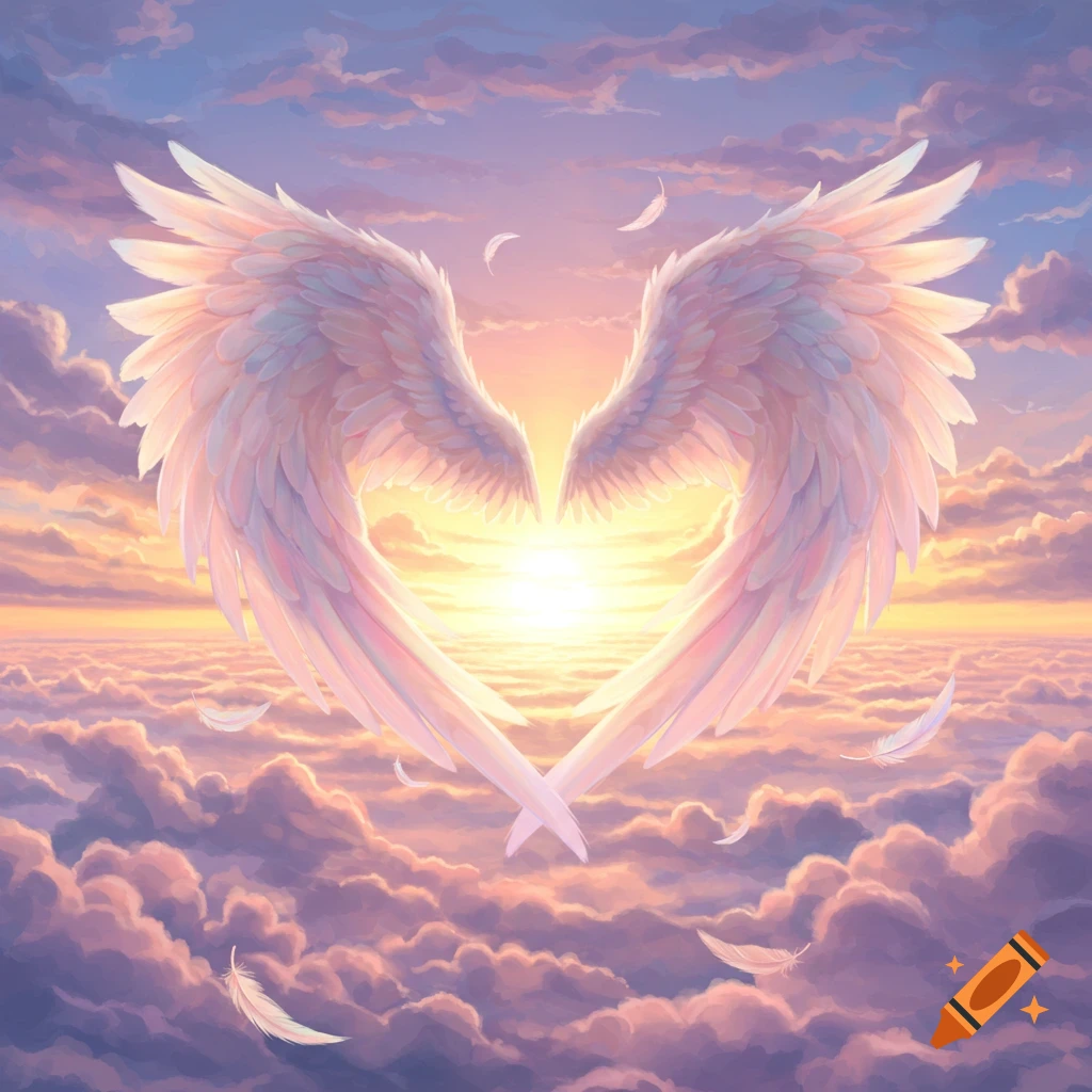 Angel wings forming a heart shape in a pastel sky filled with clouds during sunset.