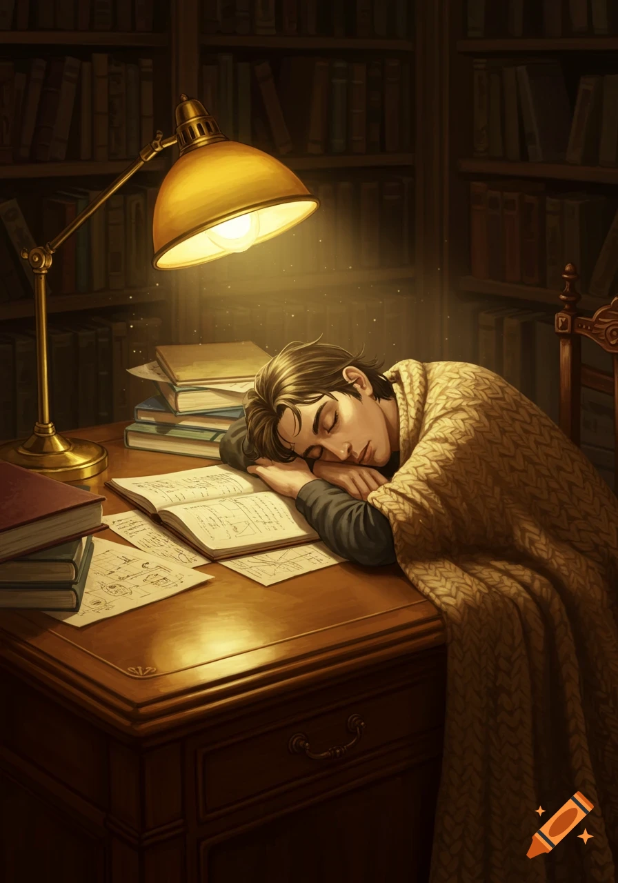 An illustrated image of a person sleeping on a desk under a desk lamp, surrounded by books and papers in a dimly lit library.