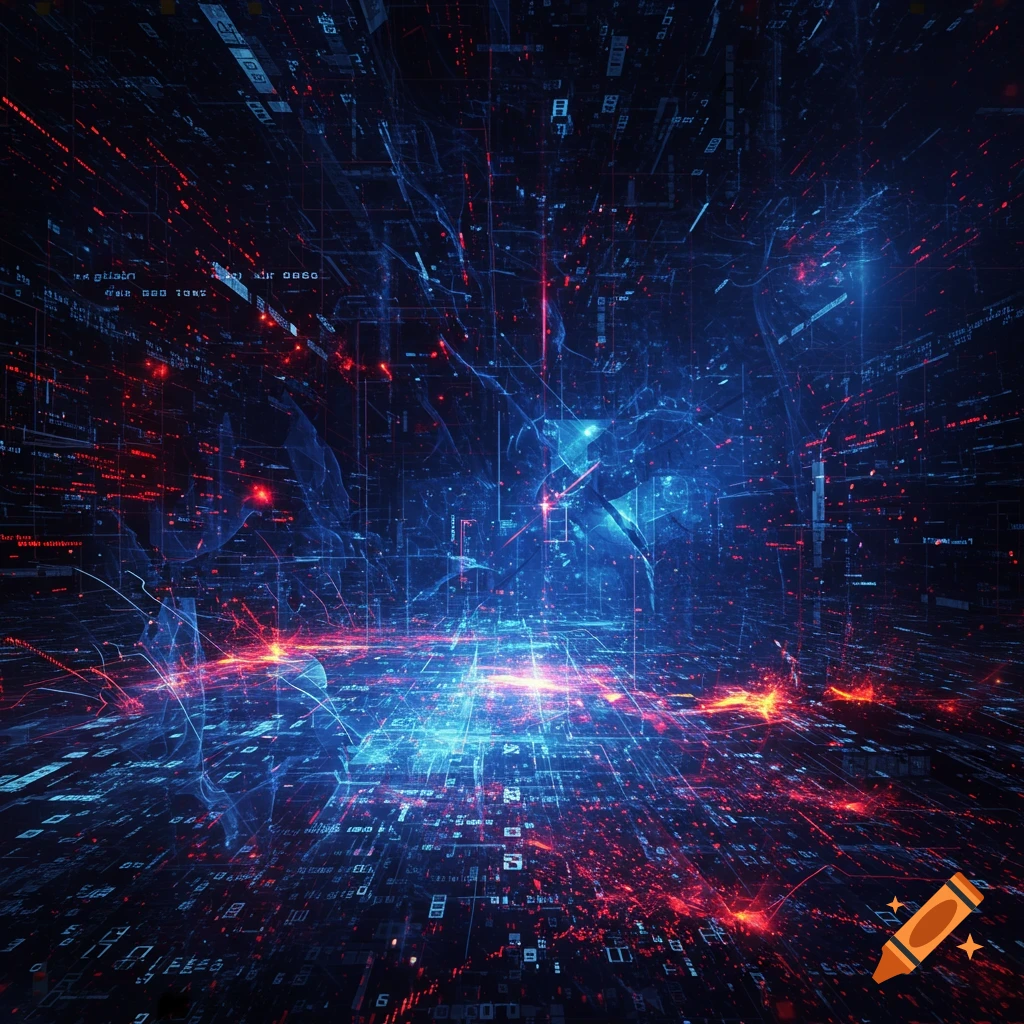 An abstract, dark digital landscape filled with glowing blue and red lines, data streams, and scattered text-like elements, creating a sense of depth and connection.