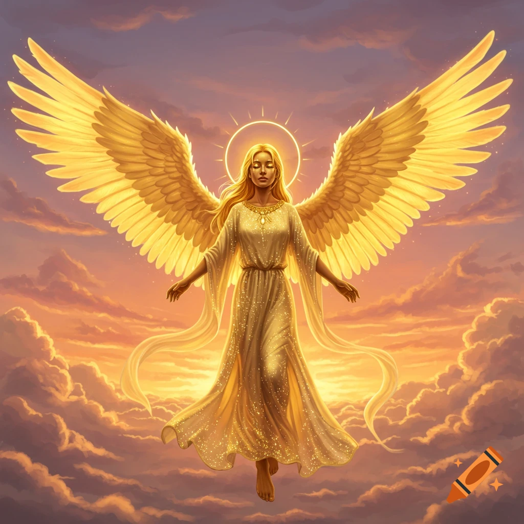 A golden angel with large, radiant wings floats gracefully amidst a sky filled with sunset clouds, illuminated by a glowing halo.