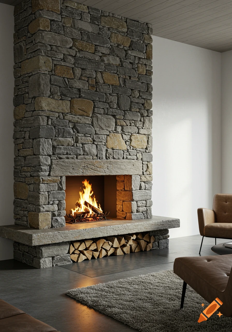 A photorealistic image of a stone fireplace with a fire burning inside, in a modern living room with wood stacked below and brown chairs.