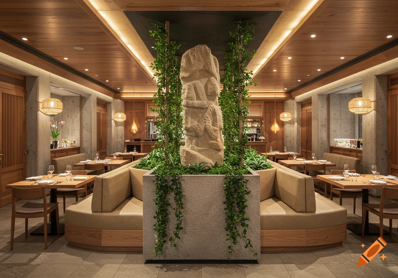 A modern restaurant interior with wood ceilings, concrete walls, beige banquettes, and a central stone sculpture surrounded by plants.