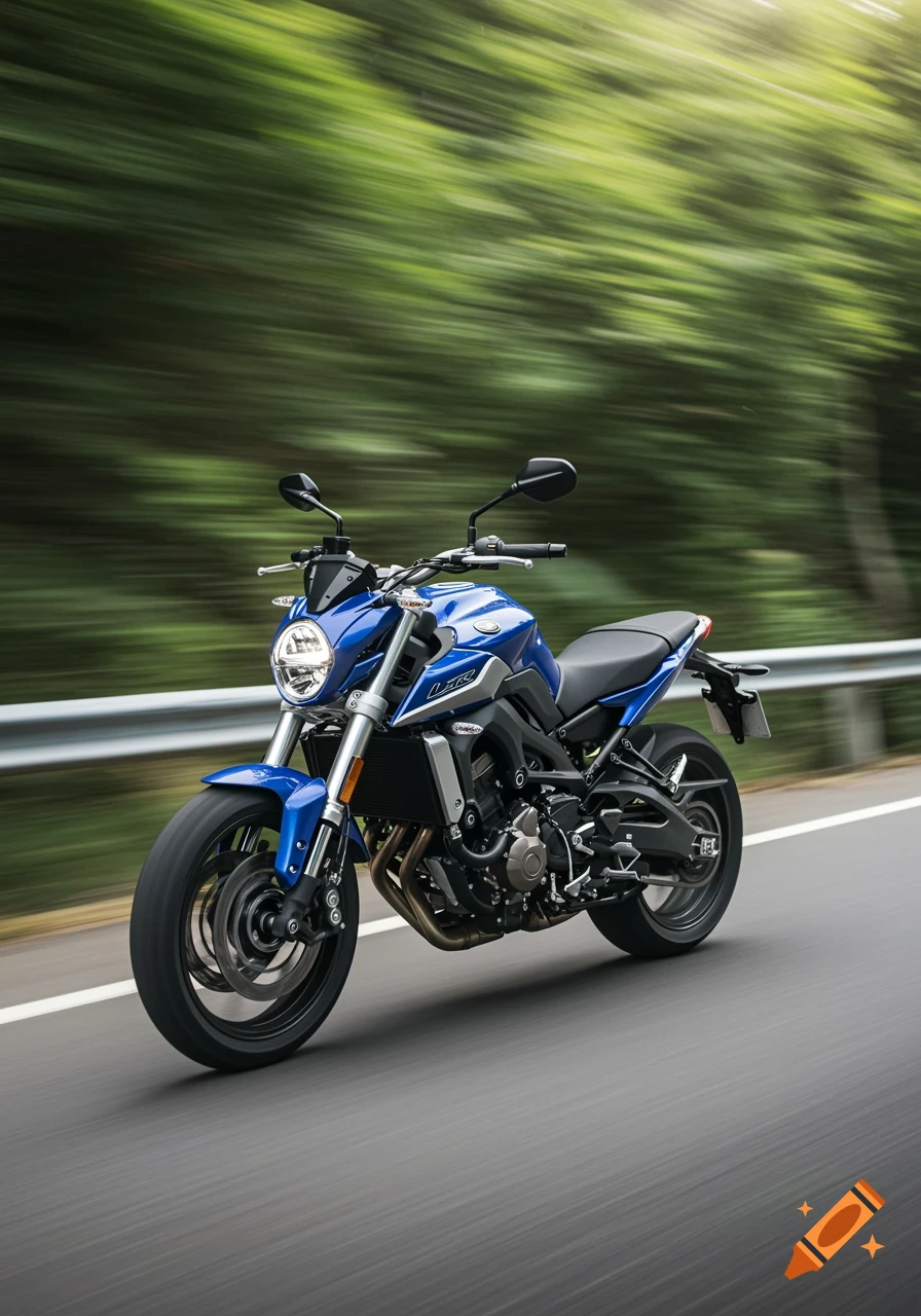 Blue Lexmoto LXR motorcycle speeding down a highway with blurred green trees in the background.