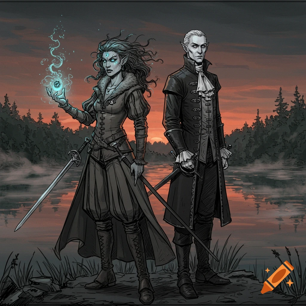 A detailed illustration of a witch with glowing tattoos and a vampire standing by a lake at dusk. The witch holds a glowing orb.