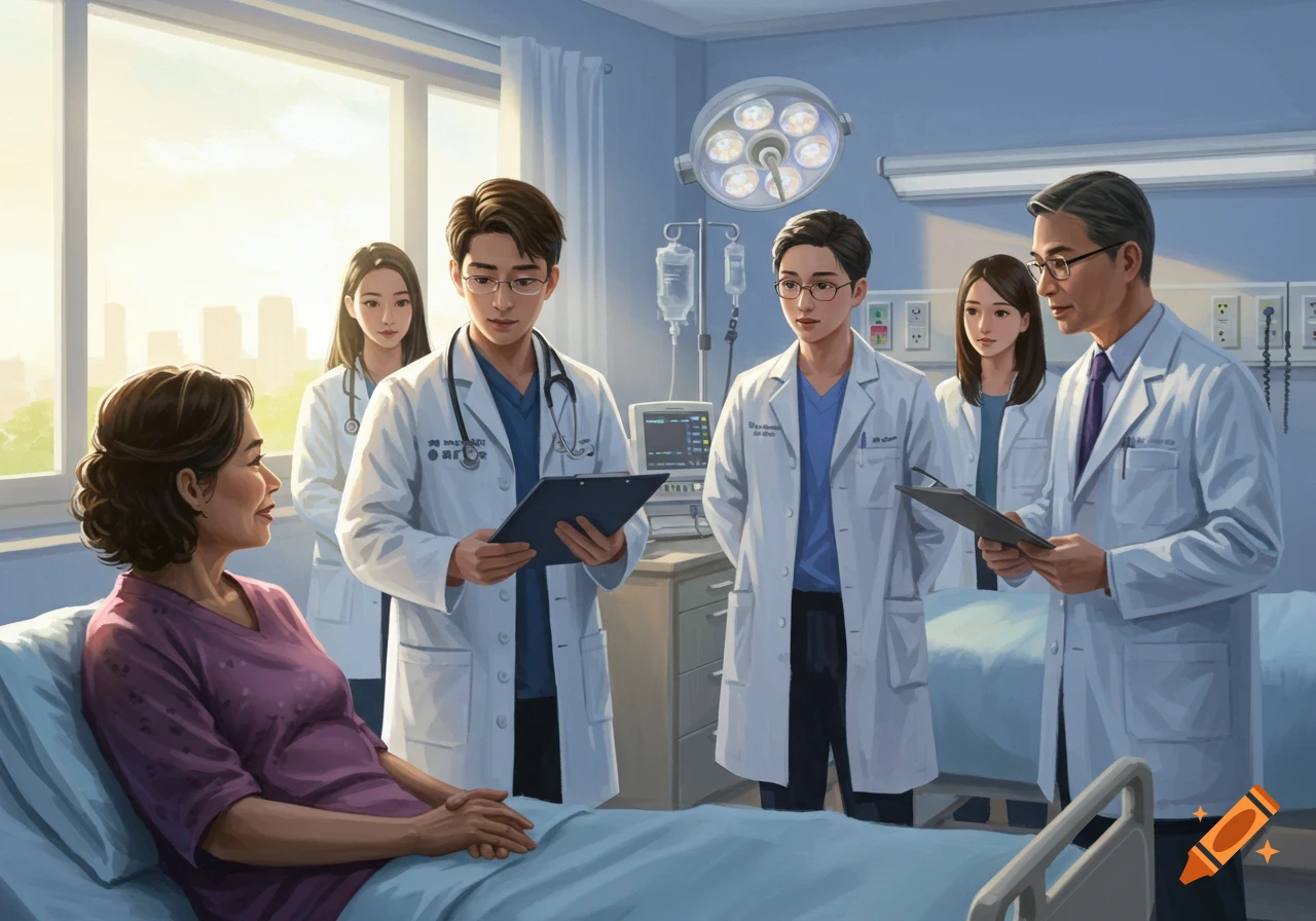 A group of five medical professionals, including doctors and students, stand around a patient resting in a hospital bed, discussing her care. Sunlight streams through a large window.