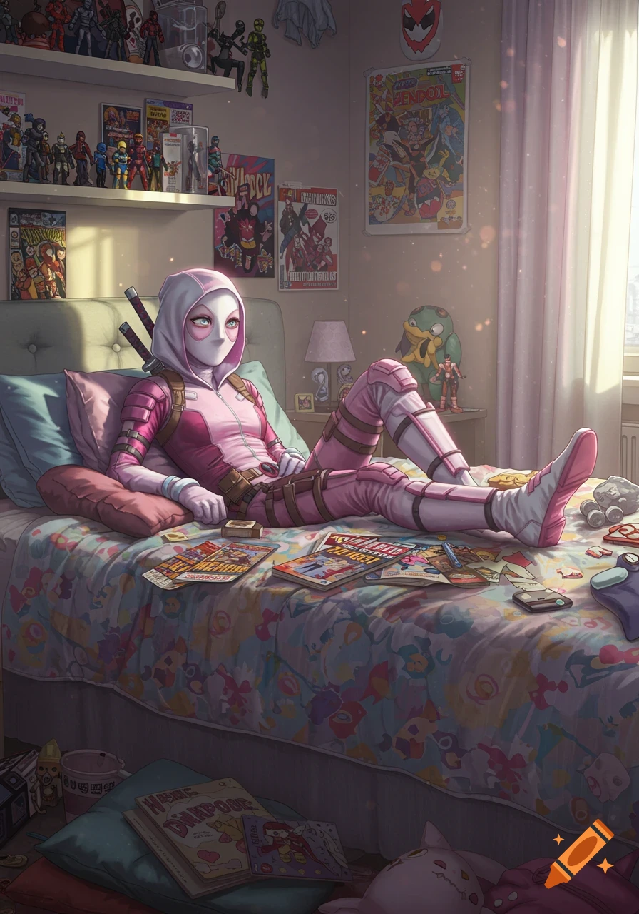 Gwenpool lies in bed surrounded by comic books, posters, and action figures in a stylized bedroom.