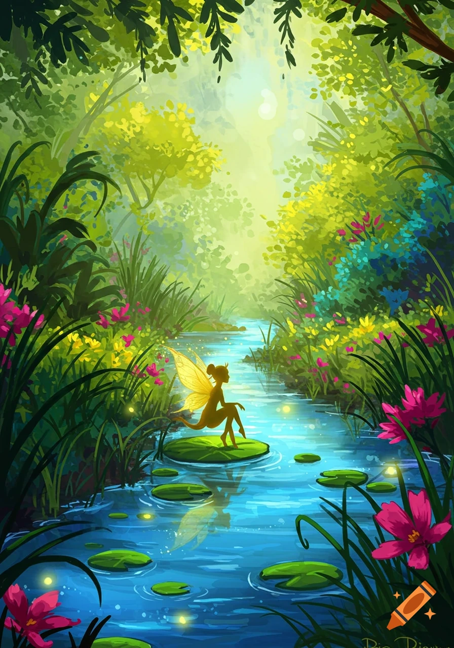 An illustration of a golden fairy silhouette sitting on a lily pad in a vibrant, mystical forest river, surrounded by lush green foliage and pink flowers.