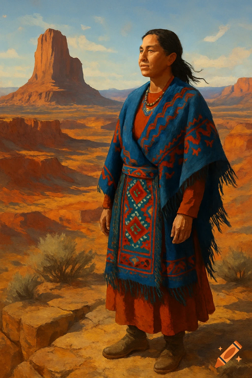 A woman in a blue and red patterned shawl stands in a desert landscape with large rock formations under a blue sky.