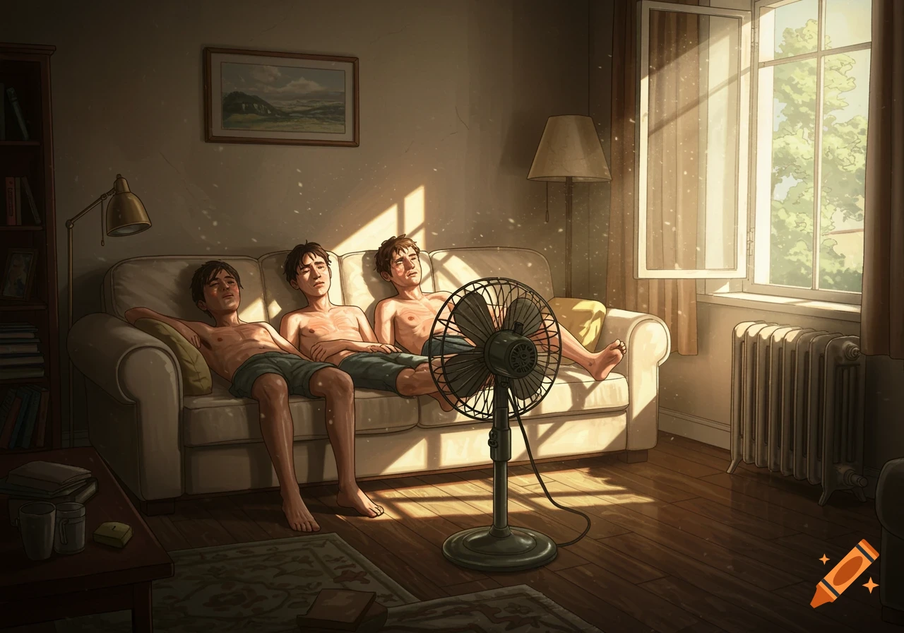 Three shirtless young men relax on a sofa in a sunlit living room with a fan, open window, and radiator.