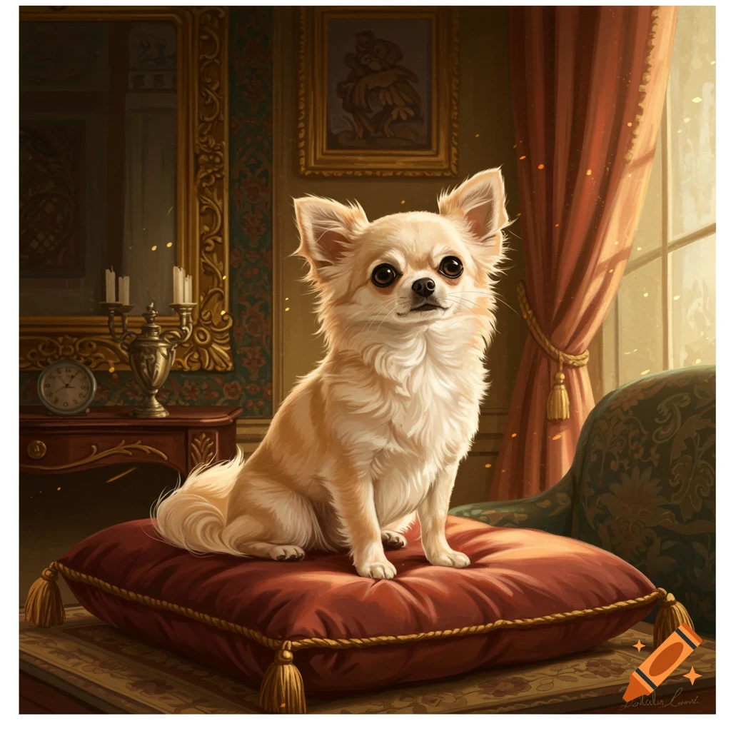 A fluffy cream chihuahua sits on a red cushion in a luxurious, ornate room with gold frames and patterned curtains.