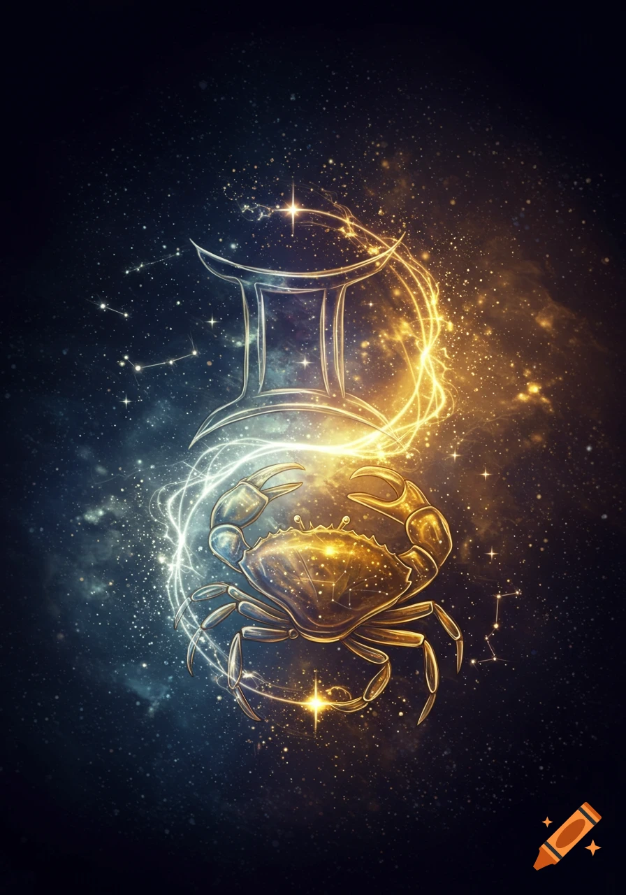 Glowing gold and silver Gemini and Cancer zodiac symbols against a starry cosmic background.