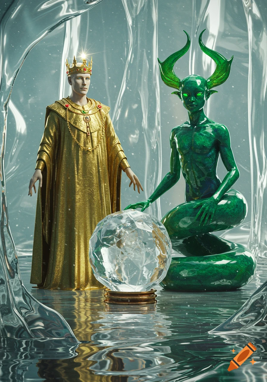 A king in golden robes and a green, horned, serpentine creature stand with a crystal orb in an icy, watery realm. Digital art.