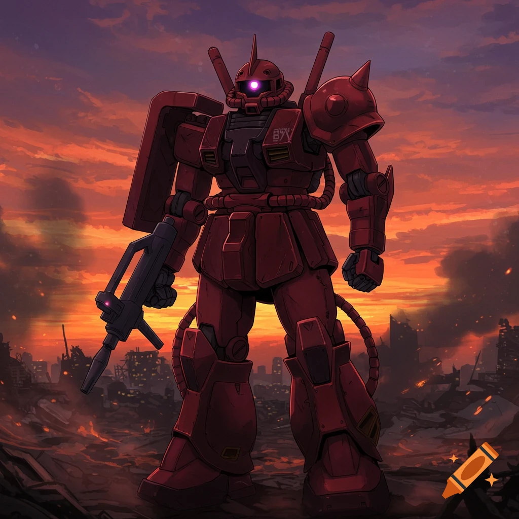 A red mecha robot with a glowing purple eye stands in a destroyed city landscape under a dramatic orange and purple sunset, holding a rifle.