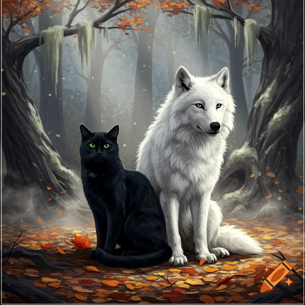 A black cat with green eyes and a white wolf with blue eyes sit together in an autumn forest with fallen leaves.