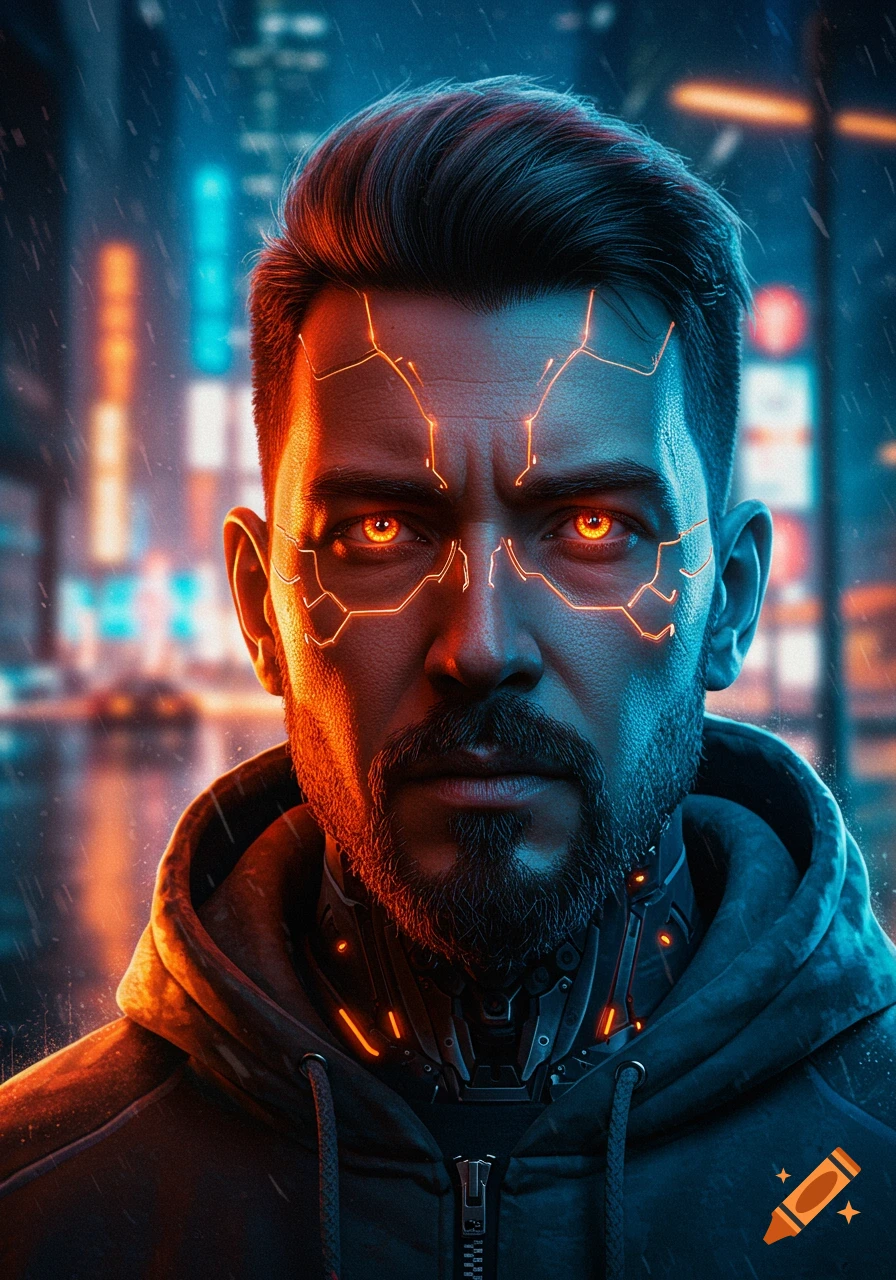 A cyberpunk portrait of a man with orange glowing eyes and facial cybernetics, wearing a hoodie, in a rainy neon city.