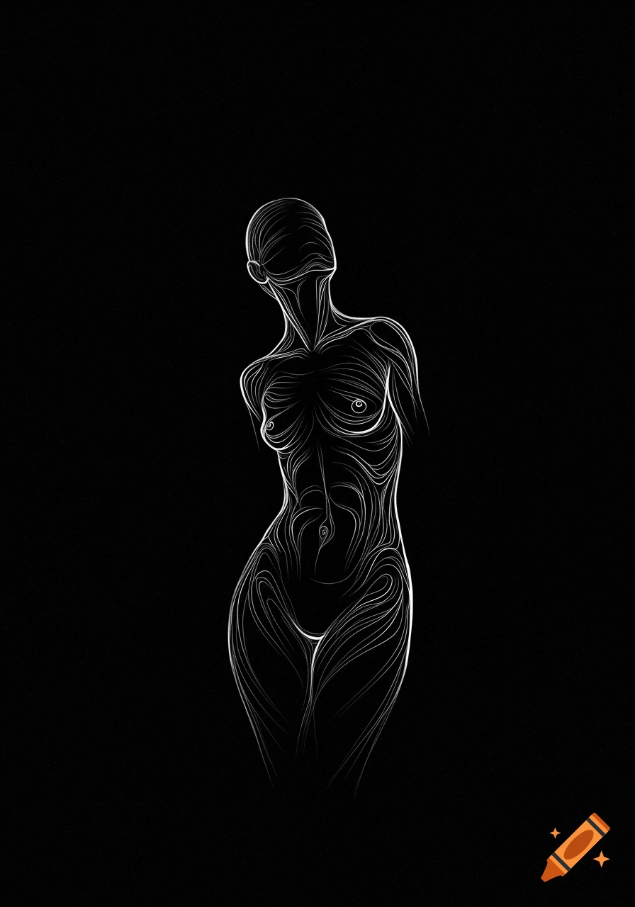 Stylized white line art outline of a female body on a black background.