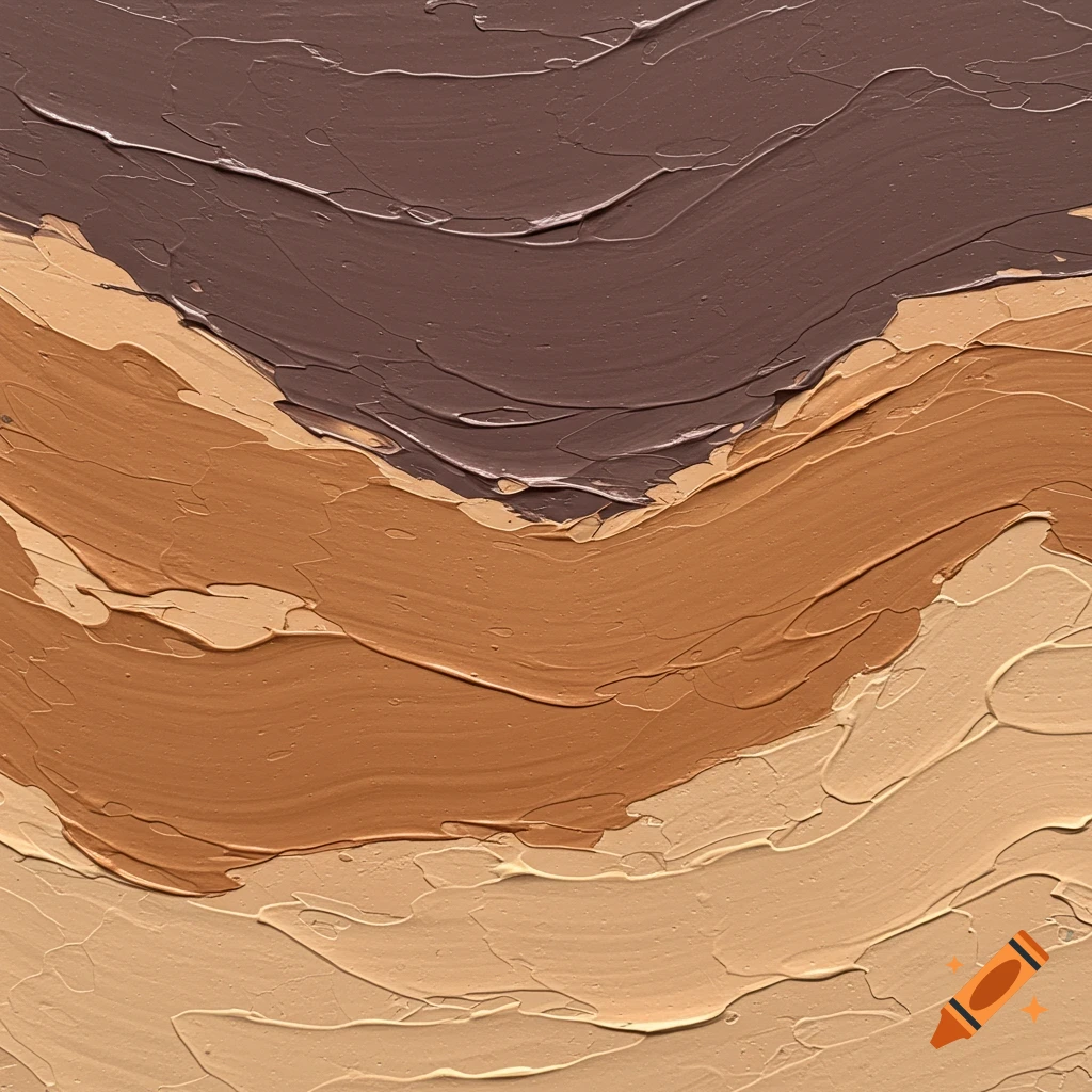 Abstract painting with thick, textured brushstrokes in shades of brown, tan, and beige, forming wavy, horizontal layers.