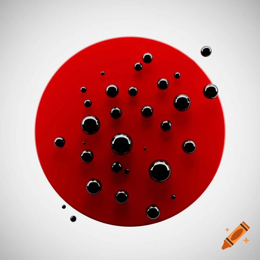 A big red circle covered in shiny black spheres of various sizes, set against a light gray background in a clean, abstract style.