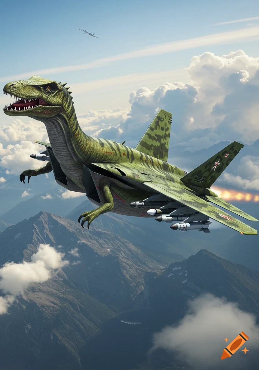 A green dinosaur's head and claws form the front of a camouflage fighter jet, flying with missiles over mountain peaks and clouds. Another jet flies in the distant sky.