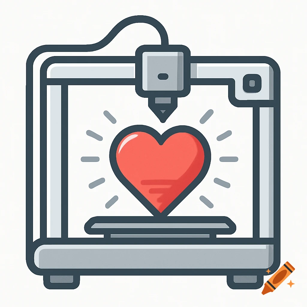 A 2D icon of a 3D printer manufacturing a glowing red heart.