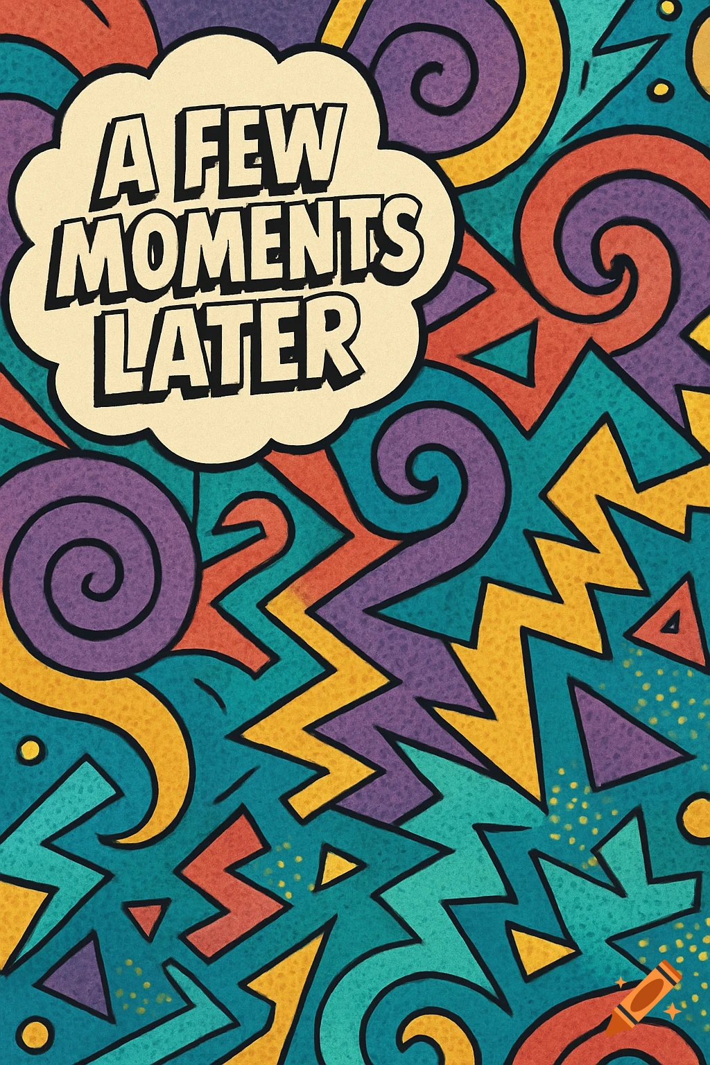 A 'A FEW MOMENTS LATER' speech bubble on a colorful, abstract background with zigzags and spirals.