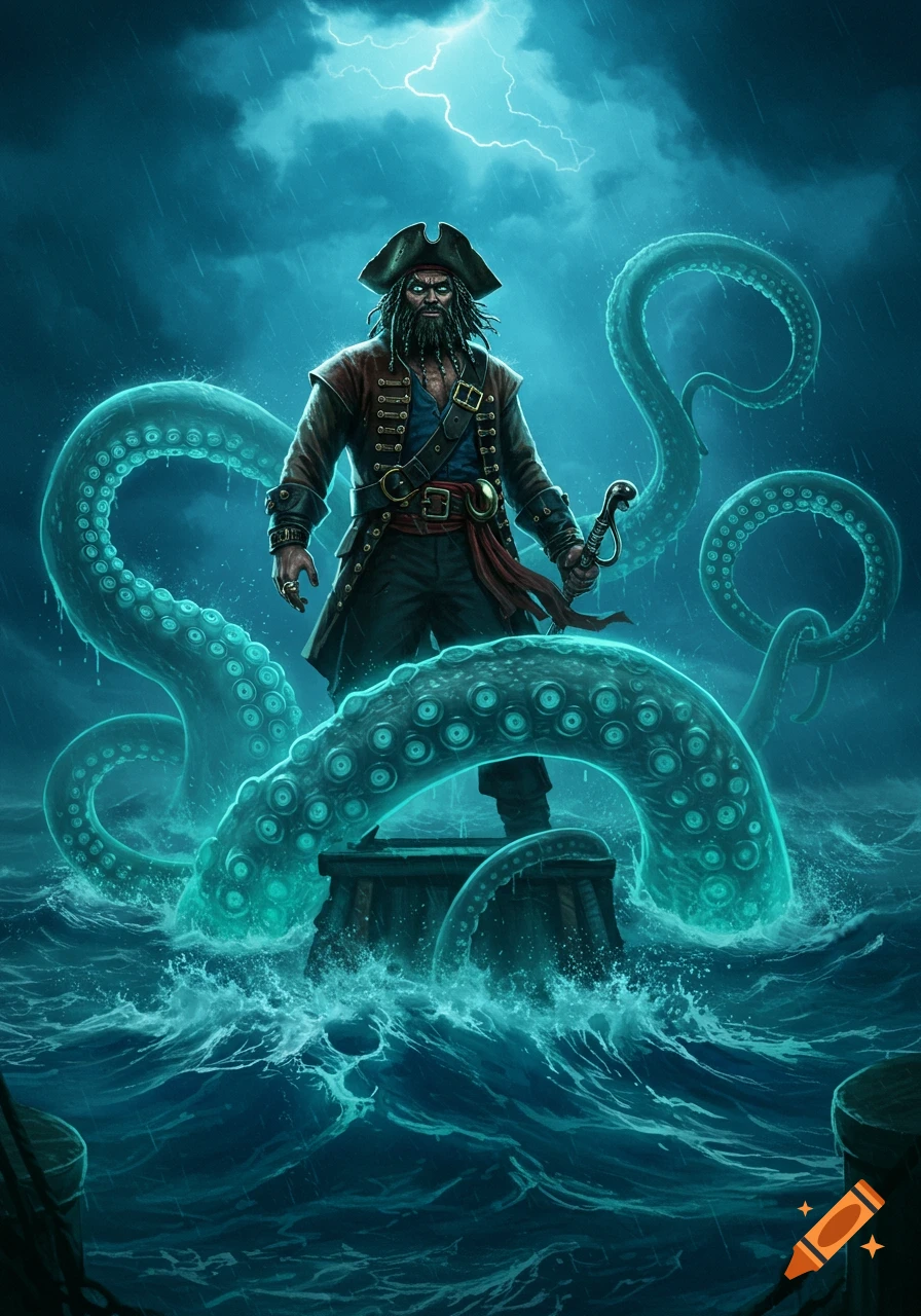 A dark pirate with a beard and tricorn hat stands on a wooden platform in a stormy sea, surrounded by glowing blue kraken tentacles and lightning.