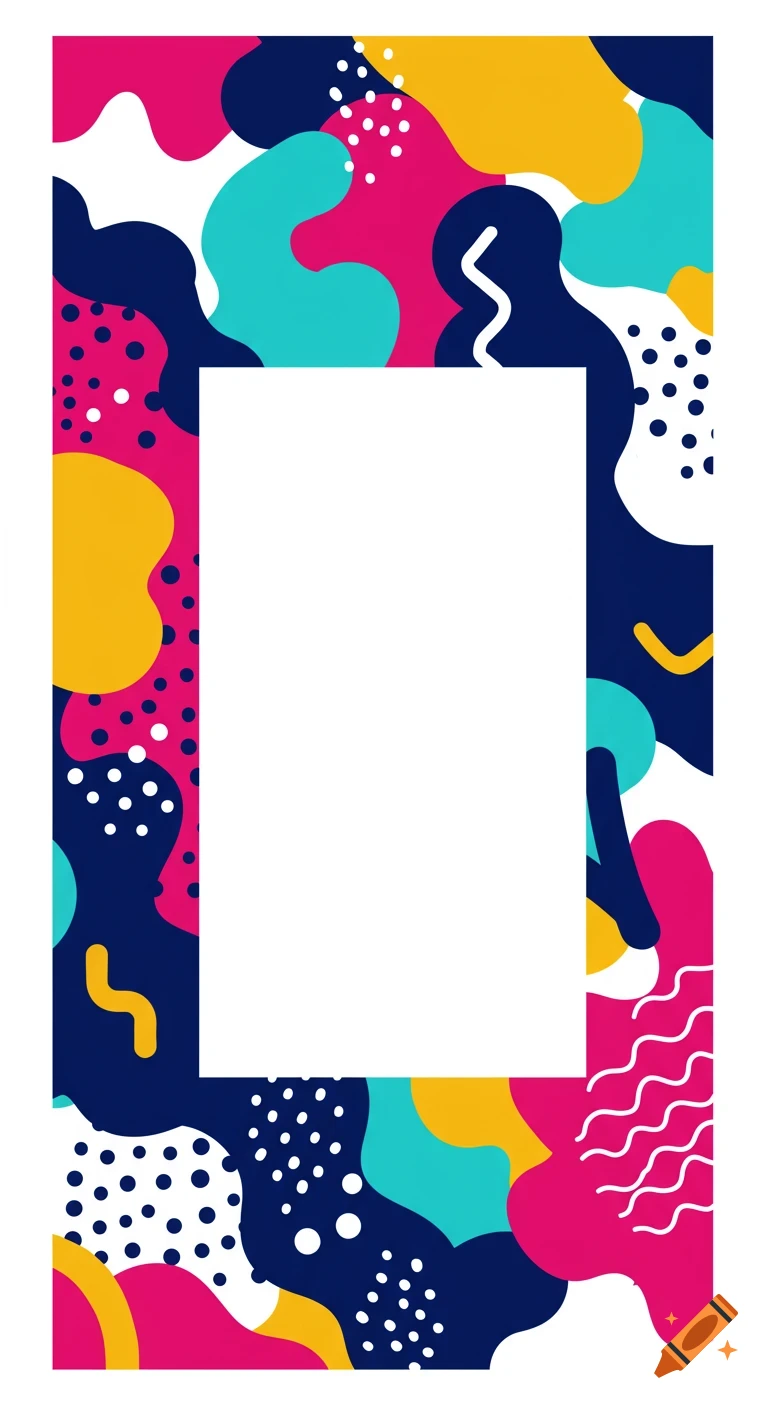 Colorful abstract banner with playful shapes in pink, blue, yellow, and white, featuring a large central white rectangle.