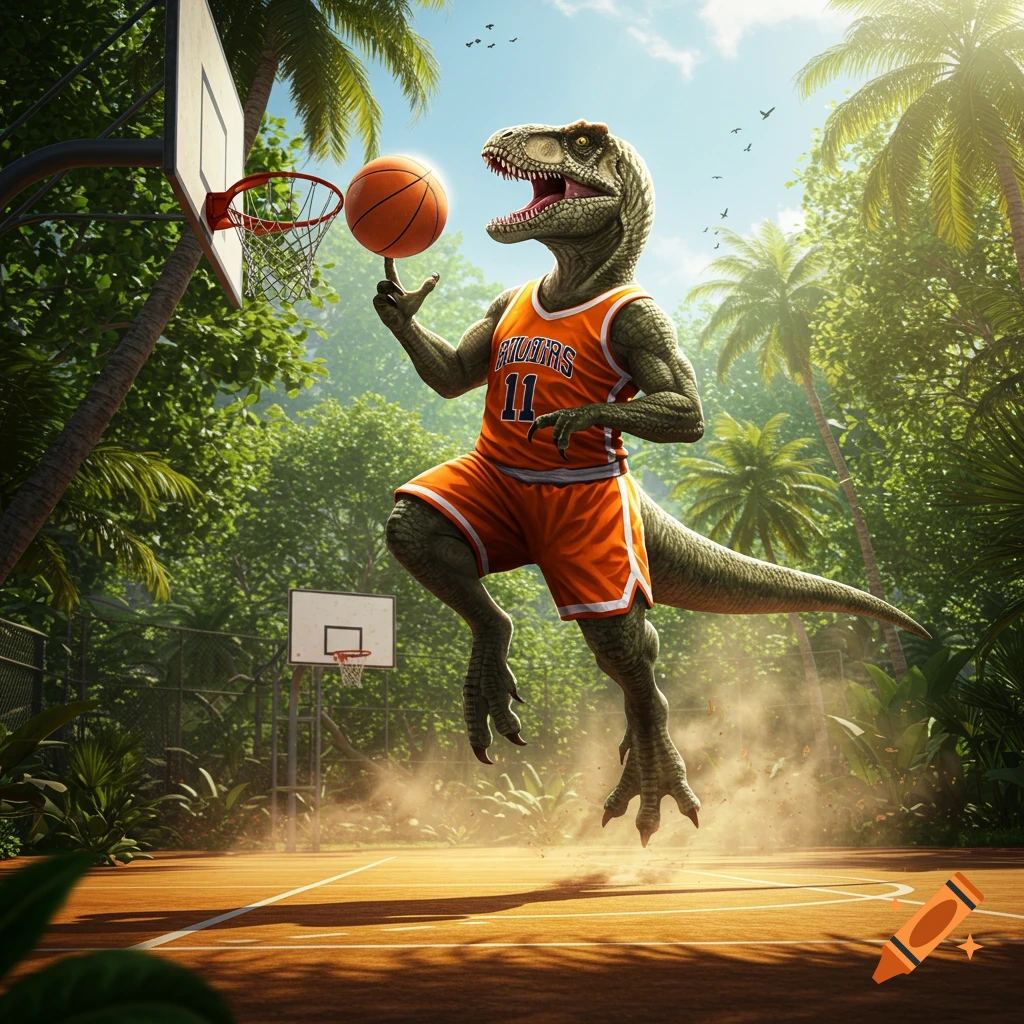 A dinosaur in an orange basketball uniform balances a basketball on its finger while jumping on a court surrounded by palm trees.