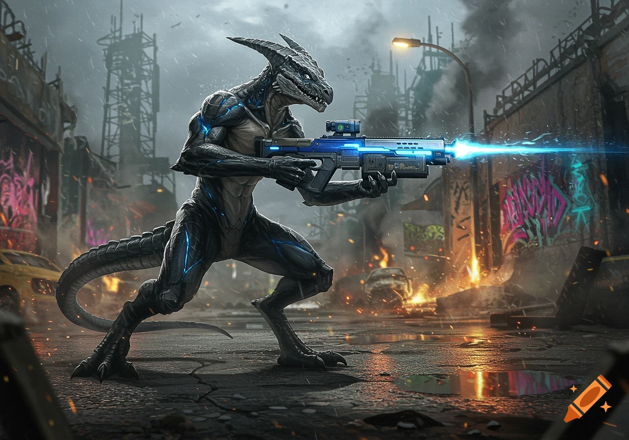 A reptilian creature in dark armor holds a futuristic rifle with a glowing blue barrel, standing in a rainy, war-torn city.