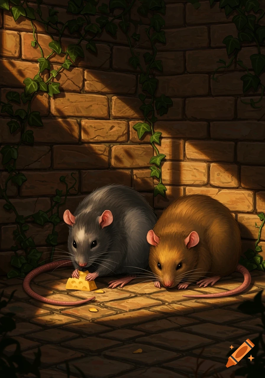 A stylized illustration of two plump rats, one grey and one brown, on a stone path beside a brick wall with ivy. Sunlight casts strong shadows.