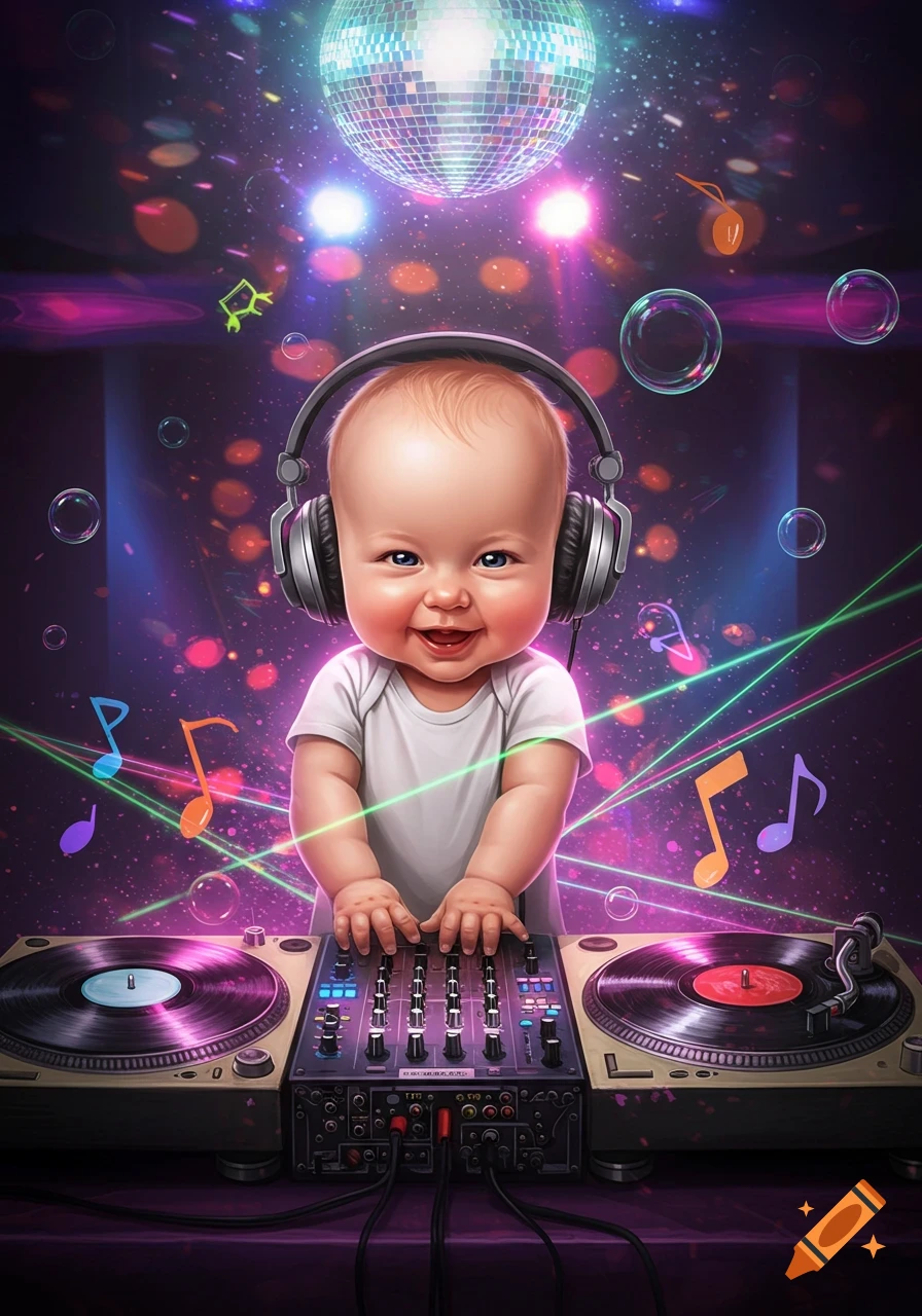A cute baby wearing headphones smiles while standing at a DJ mixing table under disco lights and musical notes.