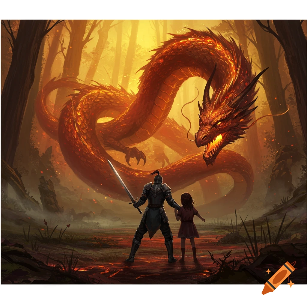 A knight in armor protects a small child from a massive, glowing red dragon in a fiery forest, digital illustration.