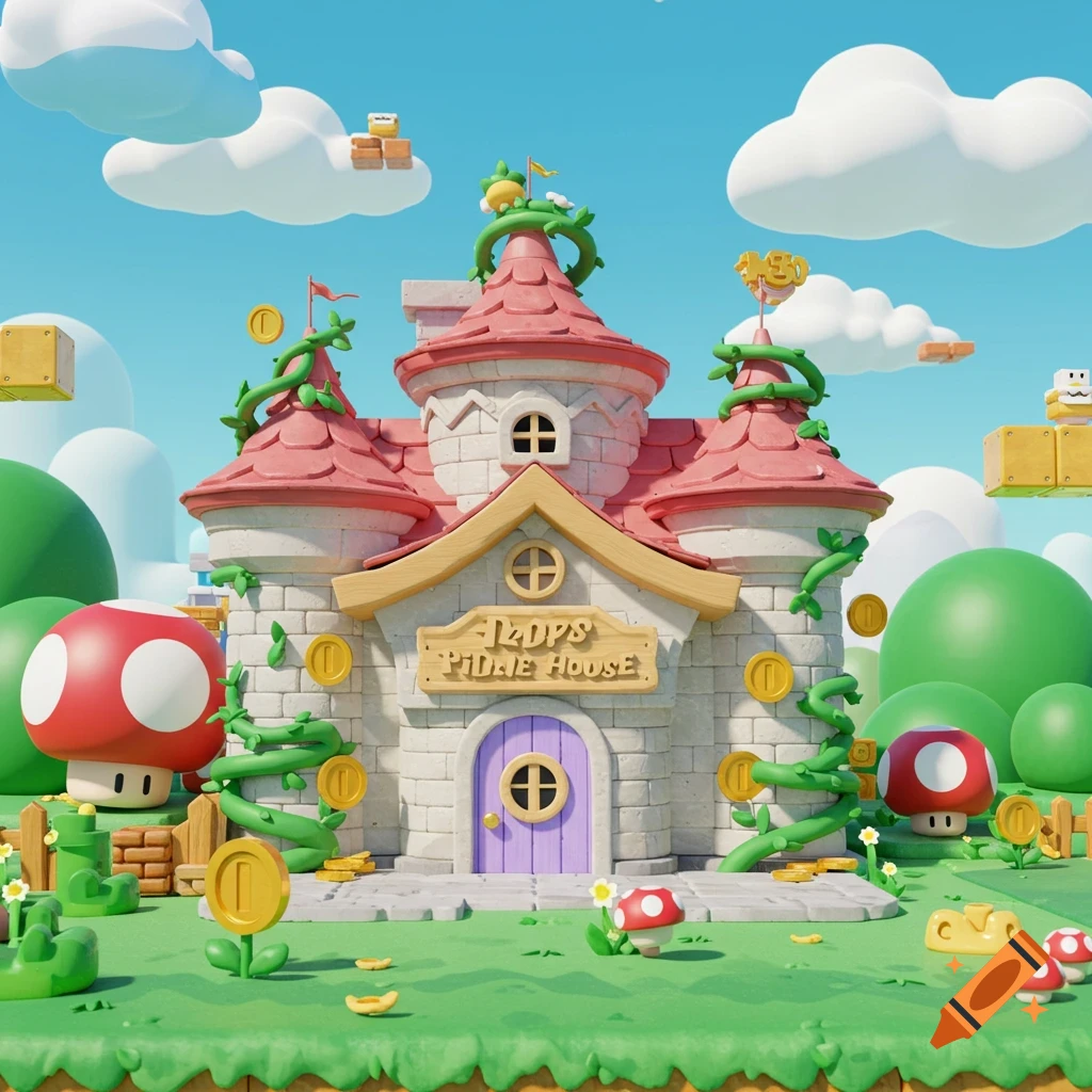 A cartoonish house resembling Princess Peach's castle in a Super Mario Bros. world, with floating blocks, mushrooms, and coins.