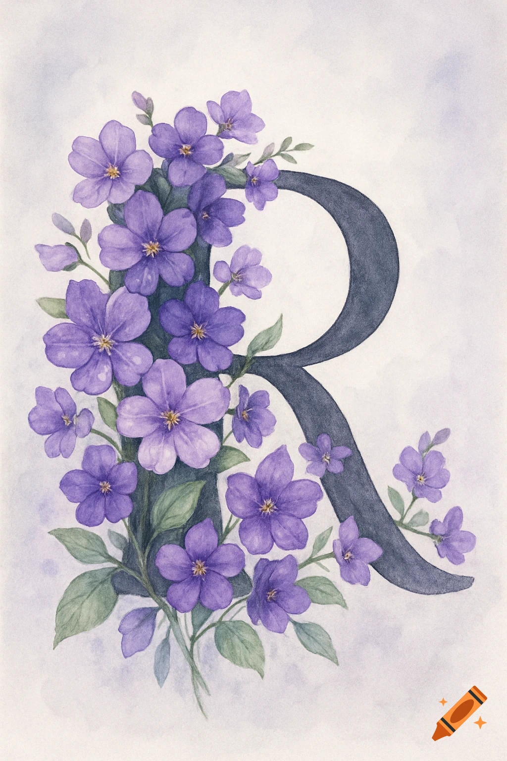 A watercolor illustration of a capital letter R adorned with purple flowers and green leaves on a light background.