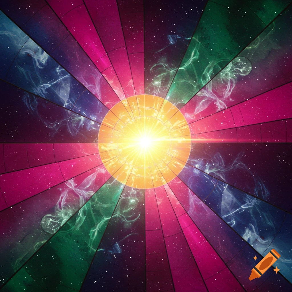 Vibrant abstract image of a bright yellow sun-like orb at the center, with colorful segmented rays containing cosmic textures and stars.