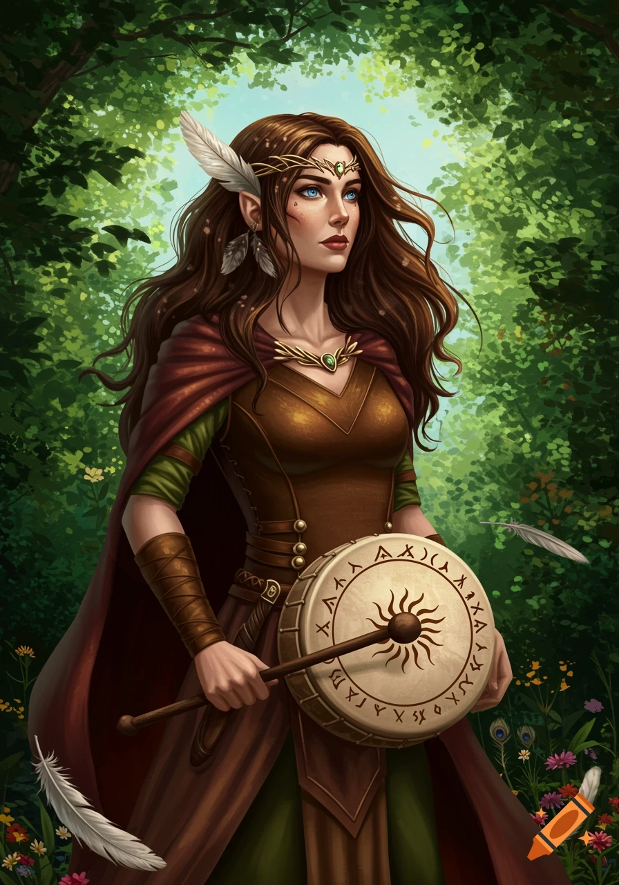 A fantasy woman with long brown hair and blue eyes stands in a vibrant green forest, holding a drum. She wears an earthy brown and green outfit with a red cape.