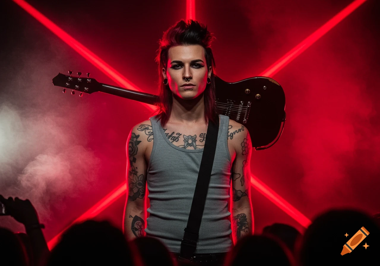 A punk rock musician with a mullet, piercings, and tattoos stands in front of a red X light pattern with a guitar on his back.