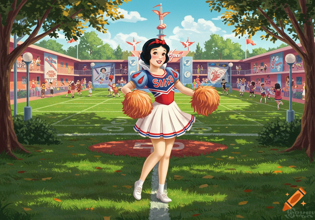 Snow White in a red, white, and blue cheerleader outfit holding orange pom-poms on a green football field, with a stadium and other characters in the background.