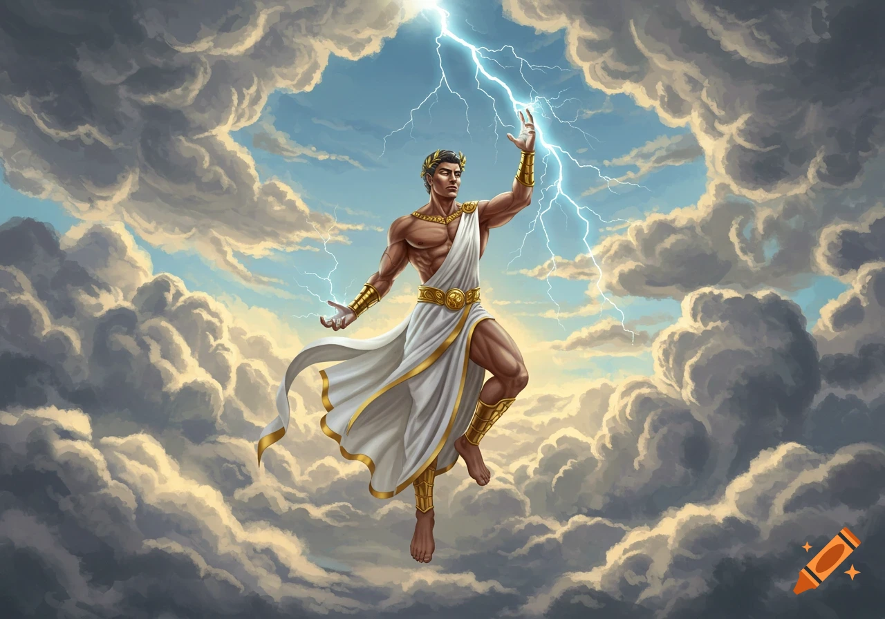 A powerful Greek god, possibly Zeus, in a white toga with gold trim, standing amidst clouds and summoning lightning.