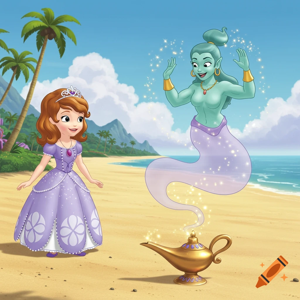 Sofia the First in a purple dress on a beach, looking at a turquoise genie emerging from a golden lamp.