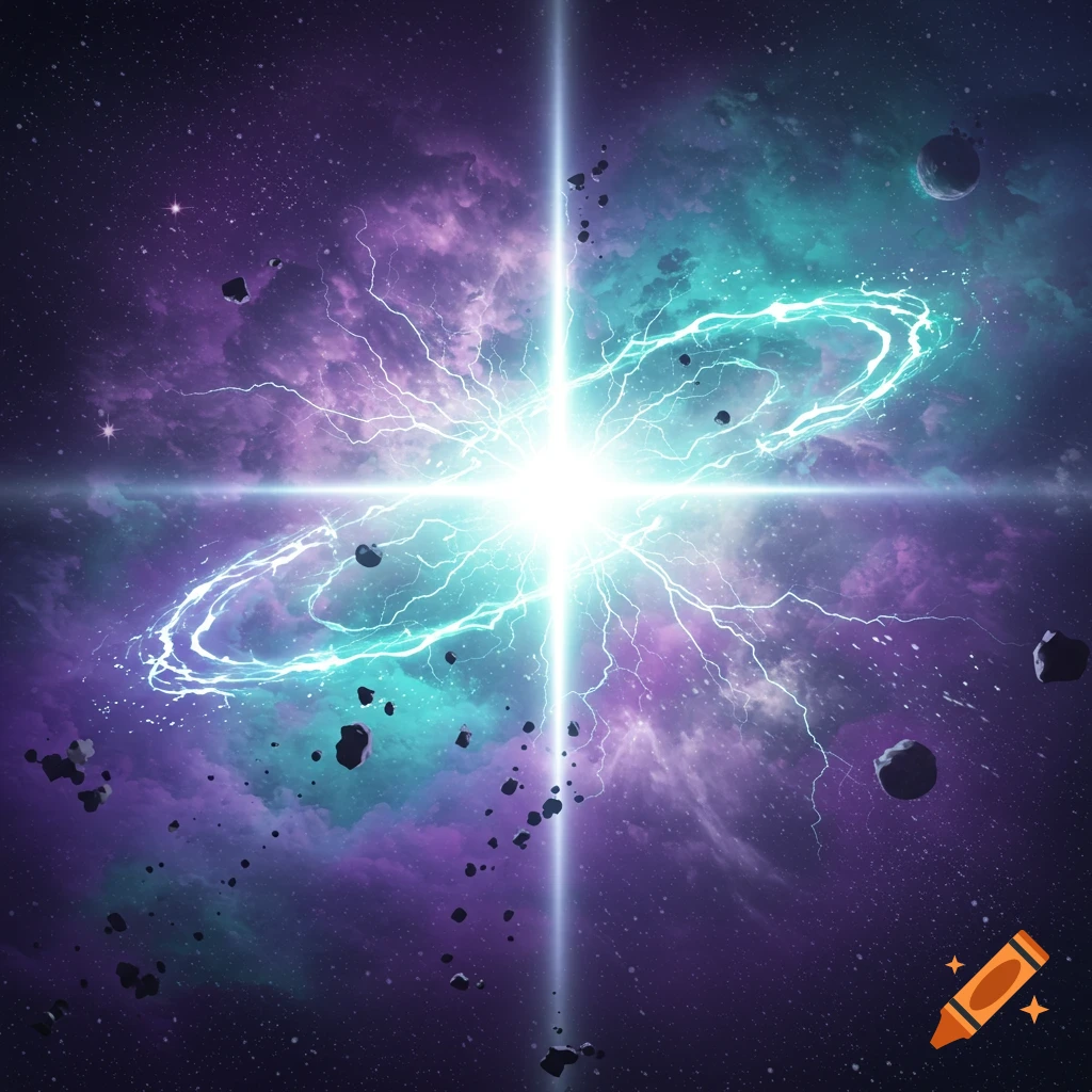A bright cosmic explosion with teal lightning and a cross-shaped beam in purple and teal nebulous space with asteroids.