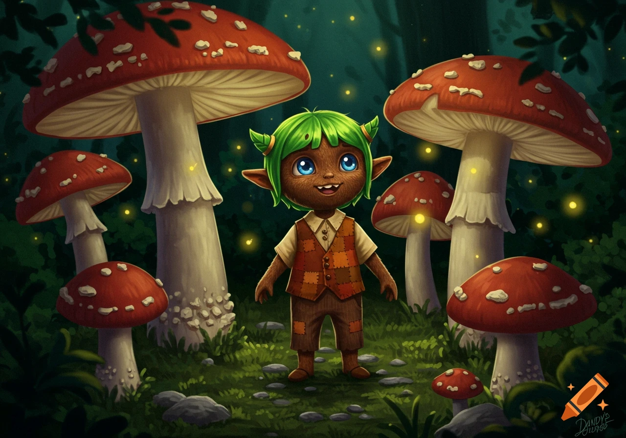 A cute, green-haired brownie creature with blue eyes smiles in a magical forest surrounded by red mushrooms and glowing fireflies.