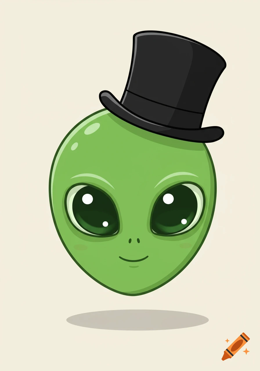 Cute green alien head wearing a top hat in a cartoon style.
