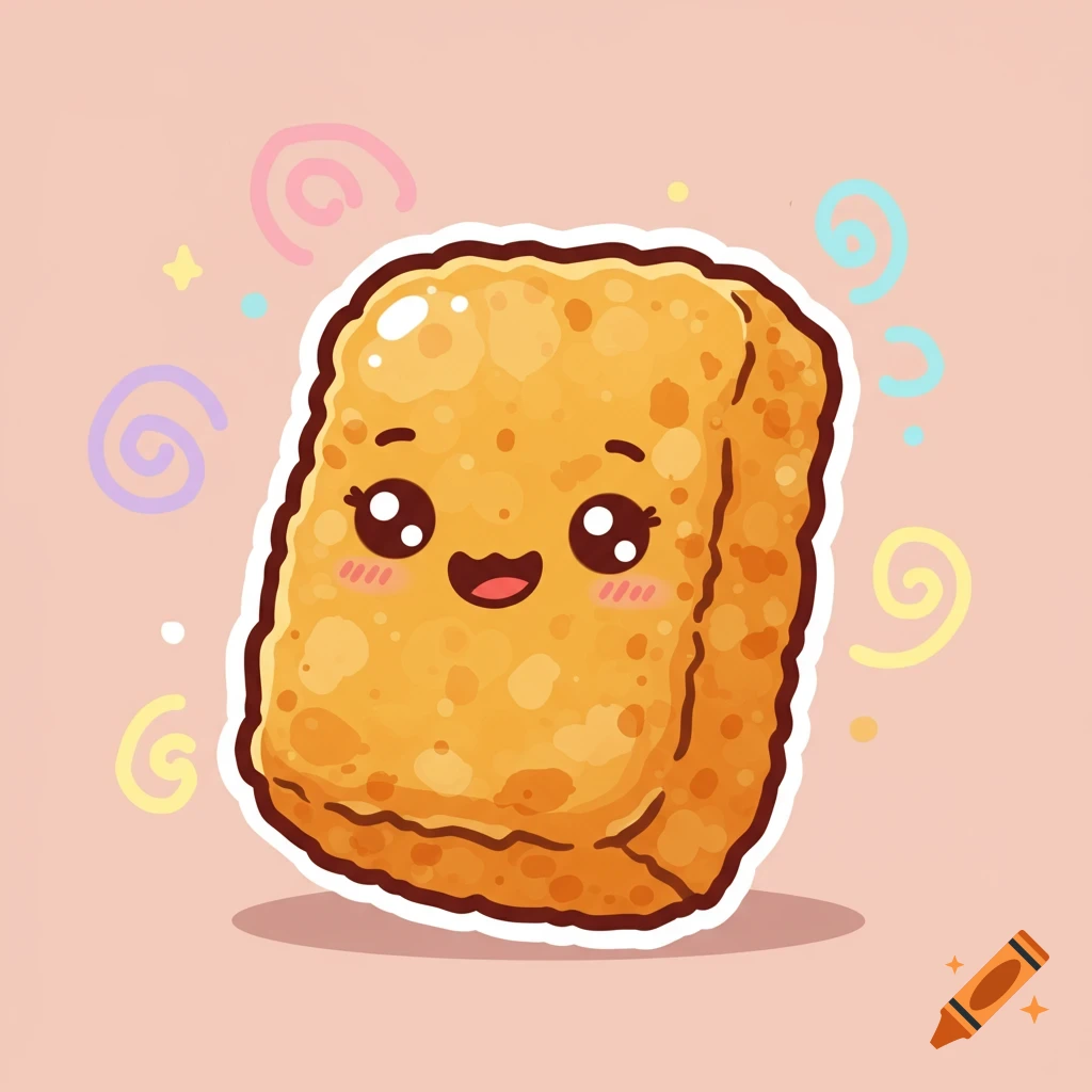 A cute, happy cartoon tater tot character with big eyes on a light pink background with colorful swirls.